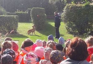 Na pierwszym planie grupa przedszkolaków stojąca tyłem do obiektywu. Przed nimi na trawniku policjant rzuca czerwoną  piłkę do swojego psa.
