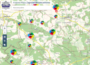Zrzut z ekranu - mapa powiatu oleskiego z zaznaczonymi miejscami zagrożonymi i liczbą tych zgłoszeń.