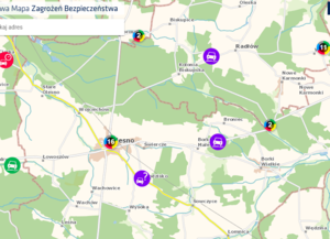 Zrzut z ekranu - mapa miasta Olesno z zaznaczonymi miejscami zagrożonymi i liczbą tych zgłoszeń.