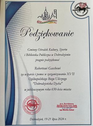 Podziękowania dla policjanta z Komendy Powiatowej Policji w Oleśnie aspiranta Roberta Gascha za pomoc w organizacji biegu.