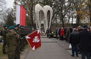 Po lewej stronie kompania honorowa wojska polskiego, jeden z żołnierzy trzyma sztandar z orłem białym na czerwonym tle. Po prawej stronie zaproszeni goście wraz z delegacjami między innymi wojska , policji , straży pożarnej, harcerstwa polskiego oraz szkół. na wprost Pomnik Lotników polskich.