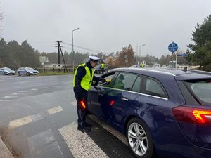 Policjant stoi na jezdni przy pojeździe osobowym. ma wyciągniętą dłoń w stronę kierowcy, w której trzyma urządzenie do pomiaru stanu trzeźwości. W tle pojazdy w oczekiwaniu na kontrolę.