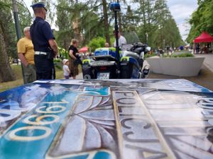 Zdjęcie w kolorze przedstawia na pierwszym planie gazetę policyjną z napisem policja. W tle policjant stojący przy motocyklu, dalej uczestnicy pikniku przebywający na promenadzie.