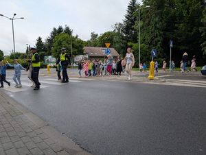 Zdjęcie w kolorze, przedstawia grupę przedszkolaków , którzy przechodzą po przejściu dla pieszych w asyście policjantów i opiekunek.