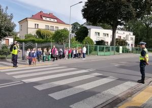 Zdjęcie w kolorze przedstawia grupę przedszkolaków na chodniku. Dwoje z nich przechodzi przez pasy w towarzystwie policjantów, którzy stoją po przeciwnych stronach jezdni.