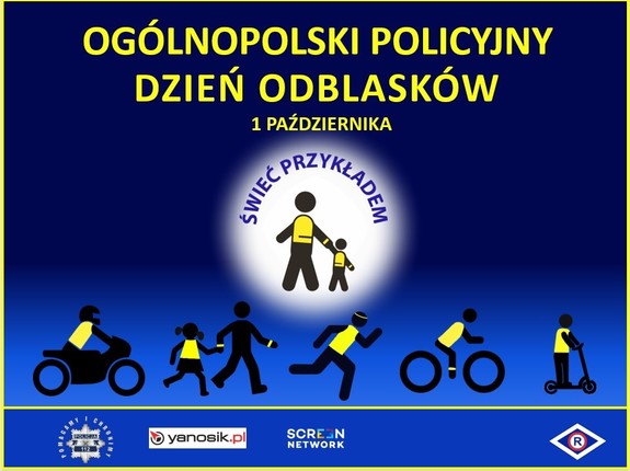 Grafika kolorowa przedstawiająca  czarne symbole osób  poruszających się  pieszo oraz na jednośladach w kamizelkach odblaskowych. Na gorze grafiki widnieje napis &quot; ogólnopolski policyjny dzień odblasków&quot;