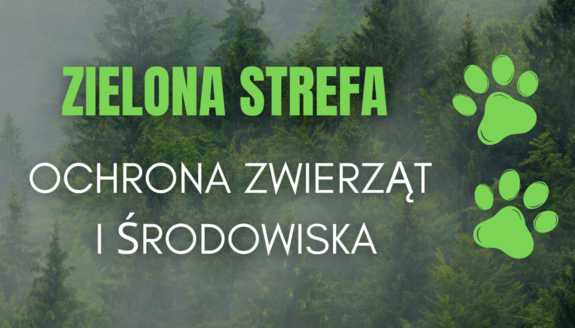 Grafika przedstawiająca las na jego tle widnieje napis  Zielona Strefa ochrona dla zwierząt i środowiska