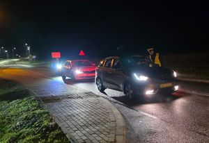Zdjęcie w kolorze przedstawia nocną scenerię pojazdy stojące jeden za drugim na jezdni, przy pierwszym pojeździe stoi funkcjonariusz ruchu drogowego.