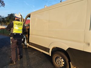Zdjęcie w kolorze, przedstawia policjanta stojącego przy pojeździe dostawczym.
