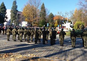 Zdjęcie w kolorze przedstawia żołnierzy wojska polskiego stojących w dwuszeregu naprzeciw pomnika.