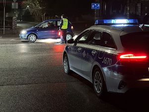 Zdjęcie w kolorze przedstawia na pierwszym planie przednią fragment radiowozu, w tle policjant z świecącym na czerwono sygnalizatorem prowadzi kontrolę trzeźwości kierującego pojazdem osobowym.