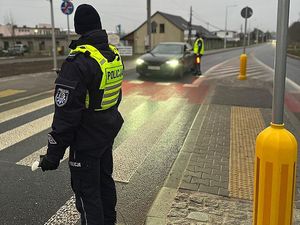 Zdjęcie w kolorze przedstawia poranek, na pierwszym planie policjant patrzy na drugiego funkcjonariusza podczas  kontroli trzeźwości kierowcy samochodu osobowego.