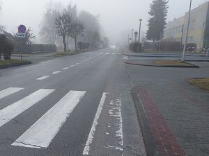 Zdjęcie w kolorze przedstawia na pierwszym planie  fragment przejścia dla pieszych, w oddali jeznia pogrążona w porannej mgle i przebijające się białe światła nadjeżdżającego pojazdu.