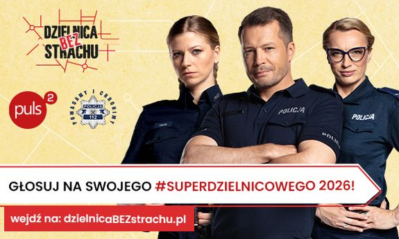 Zdjęcie w kolorze przedstawia policjantów i policjantki na żółtym tle z napisem głosuj na swojego superdzielnicowego