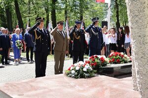 Zdjęcie w kolorze przedstawia delegacje złożoną z komendantów od prawej strony : policji, straży pożarnej , nadleśnictwa i straży miejskiej oddających honory w geście uniesienie prawych dłoni do czoła.