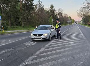 Zdjęcie w kolorze przedstawia policjanta stojącego na jezdni obok kontrolowanego pojazdu.