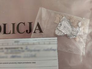 Zdjecie w kolorze przedstawia worek foliowy w którym znajduje się substancja w postaci kryształków w kolorze jasno-różowym.