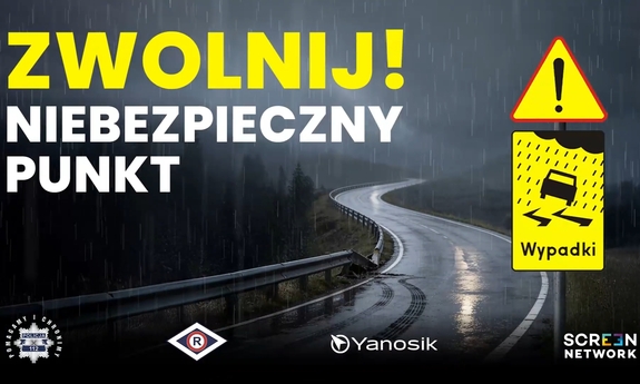 Grafika z napisem Zwolnij ! Niebezpieczny punkt.