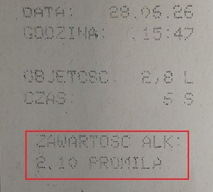 zdjęcie wydruku z badania trzeźwości z zaznaczonym wynikiem