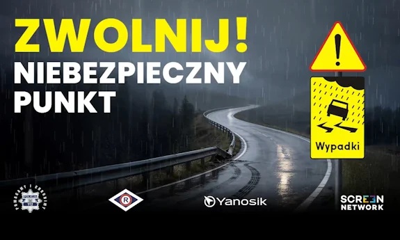 Grafika przedstawiająca zakręty na jezdni w odcieniach szarości, od lewej napis Zwolnij ! niebezpieczny punkt.
